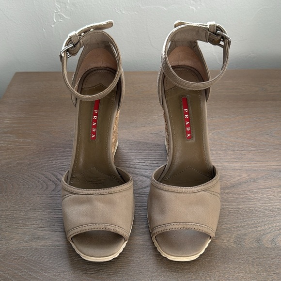 Authentic Prada size 37 canvas and seisel peep toe Mary Jane wedge sandal. - Picture 2 of 8